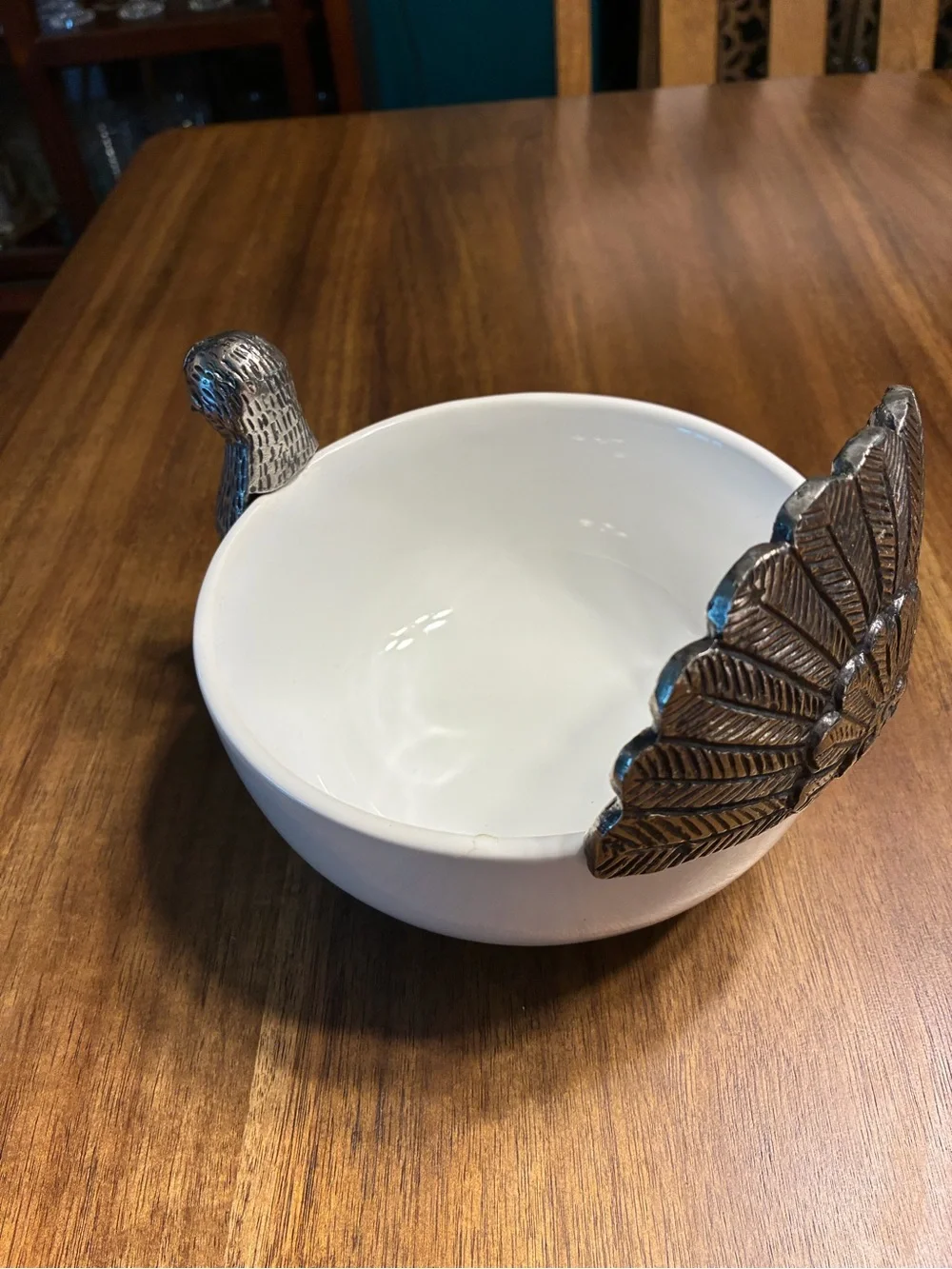 Vintage Pier 1 Ceramic Turkey Serving Bowl with Silver-Tone Accents